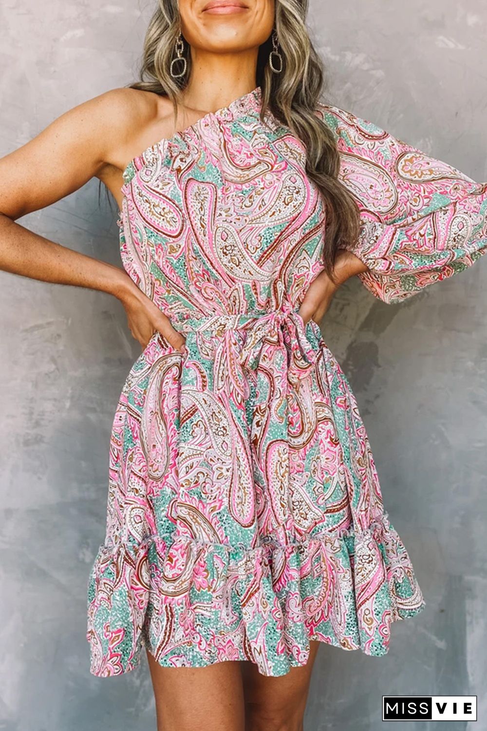 Pink Paisley Print One Shoulder Lace-up High Waist Mini Dress