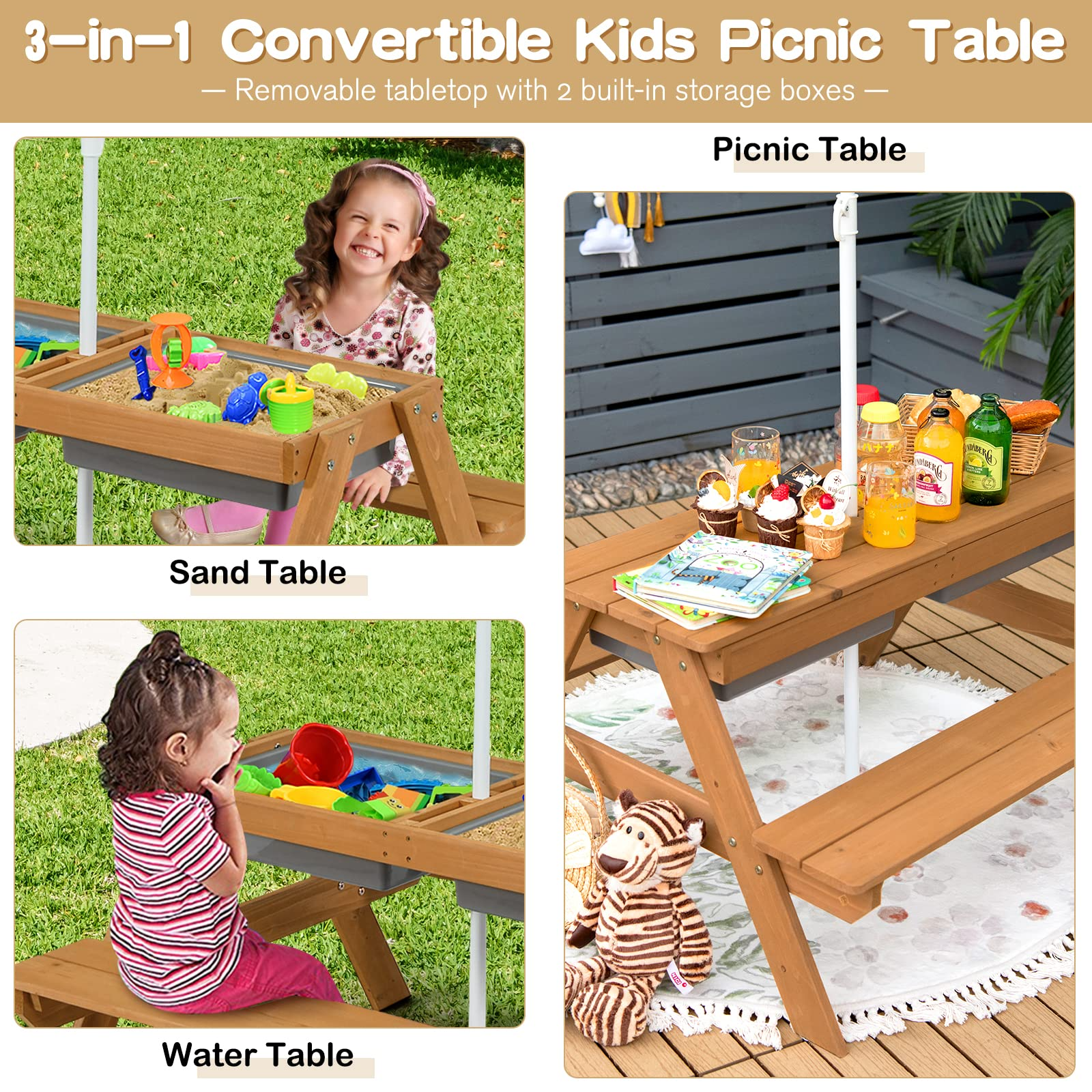 Costzon Kids Picnic Table, 3 in 1 Sand & Water Table w/Height Adjustable Umbrella