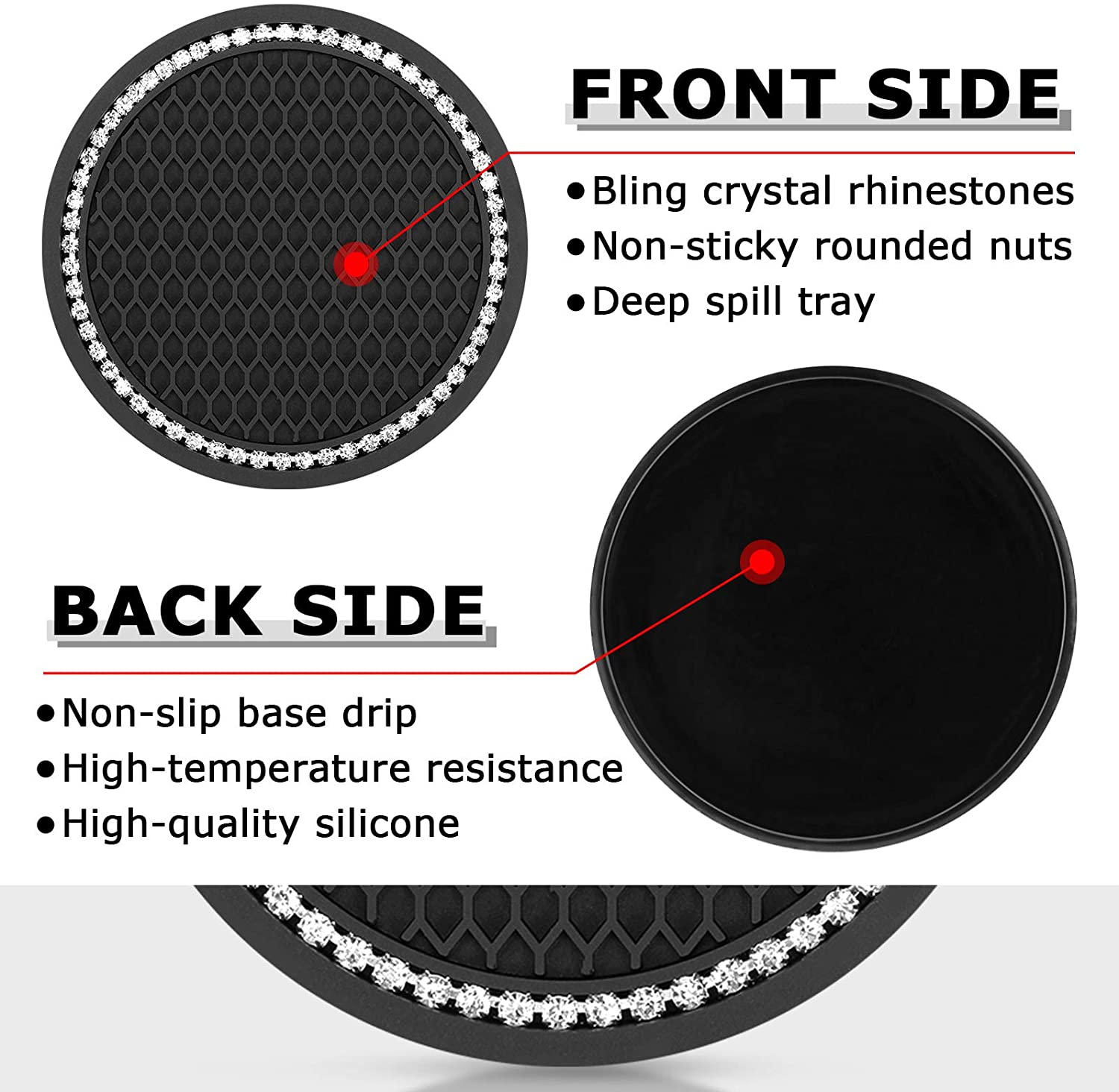 Fymlhomi Car Coasters for Cup Holders 4PCS Bling Car Accessories Coasters for Drinks Absorbent Coffee Table Cup Mat Drinking Coaster Silicone Drink Coasters with Holder Home Decor 2.75 Inch Black