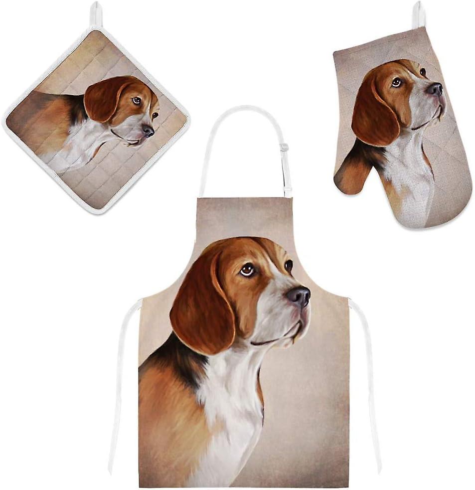 Insulation Kitchen Oven Mitts Potholder Apron 3pcs Set Dog Beagle Portrait Non Slip Heat Resistant Gloves For Baking Cooking Bbq