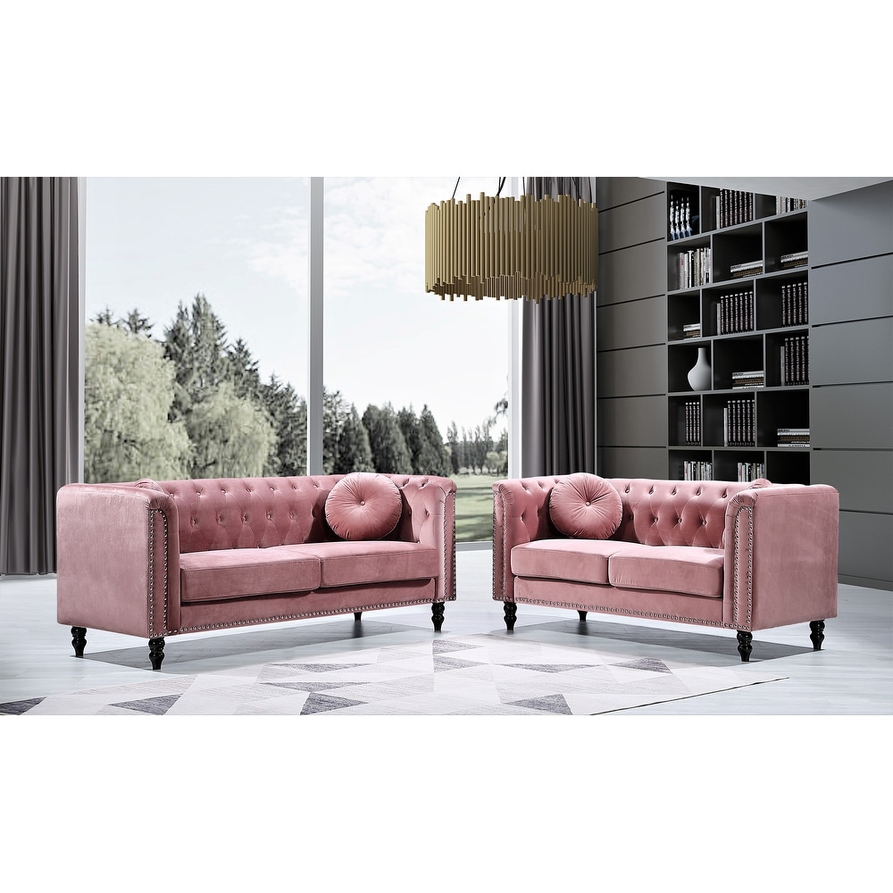 Calvin Classic Velvet Kittleson Nailhead Chesterfield 2 Piece Set Loveseat and Sofa