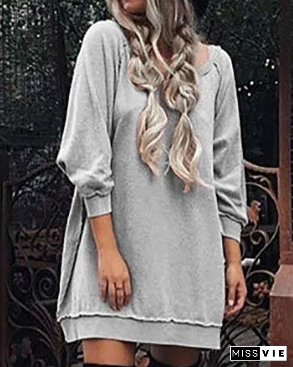 Cowl Neck Shift Women Daily Long Sleeve Casual Solid Fall Dress