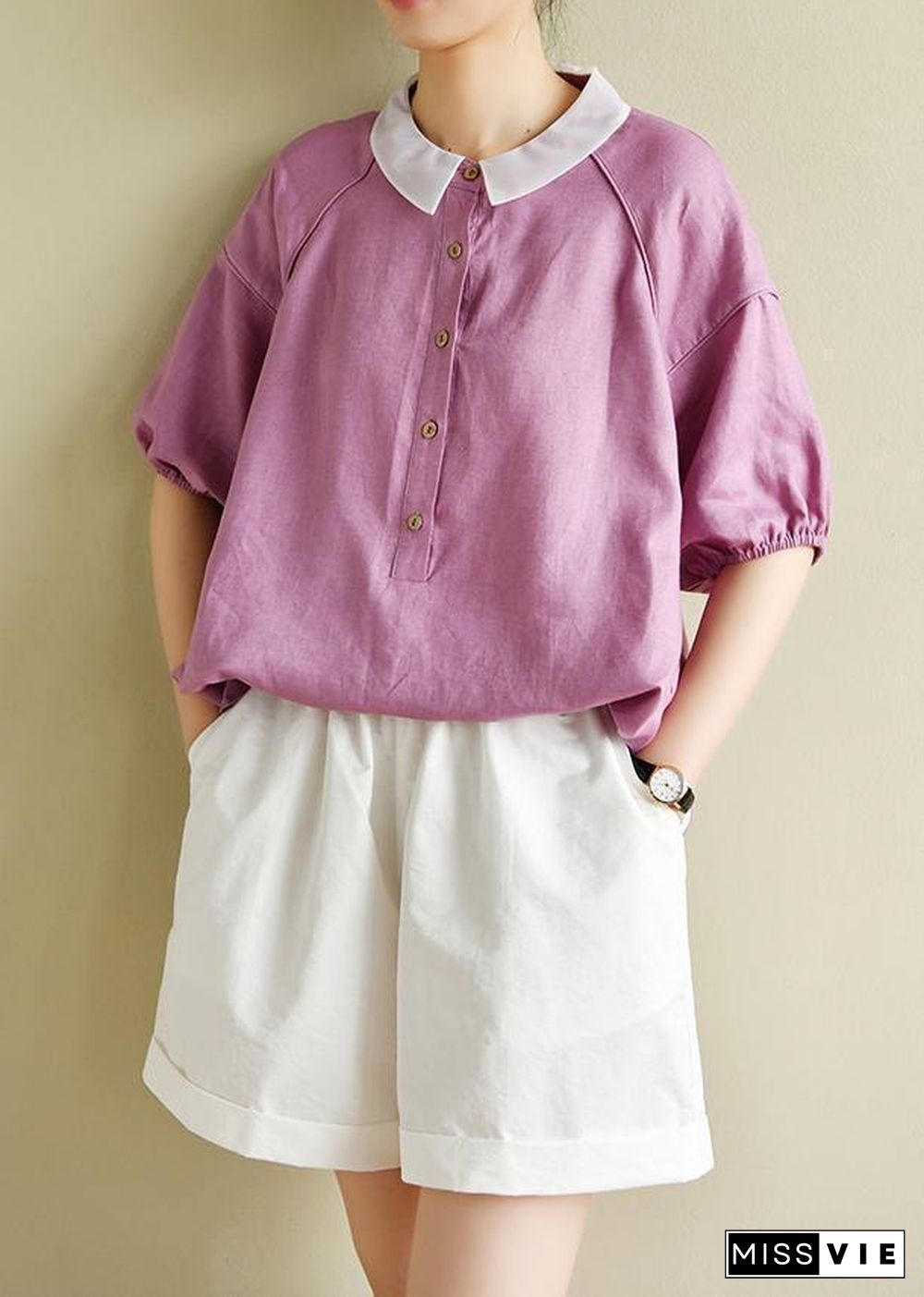 Modern light purple clothes For Women lapel half sleeve silhouette summer shirts