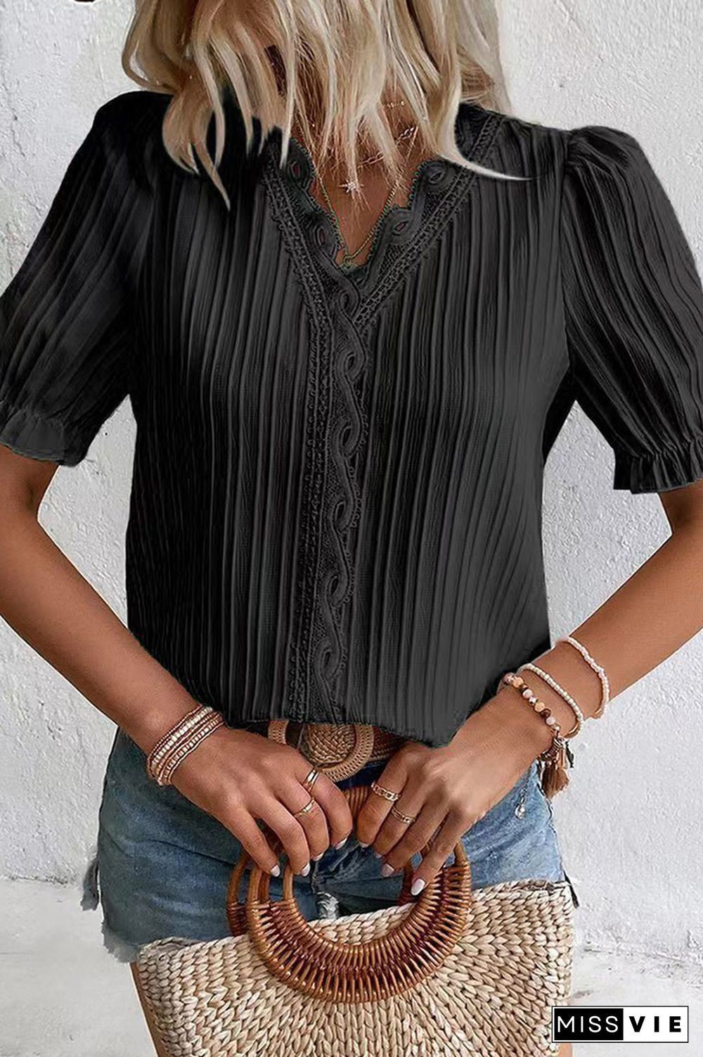 Plain Texture Stripe V Neck Lace Edge Puff Blouse