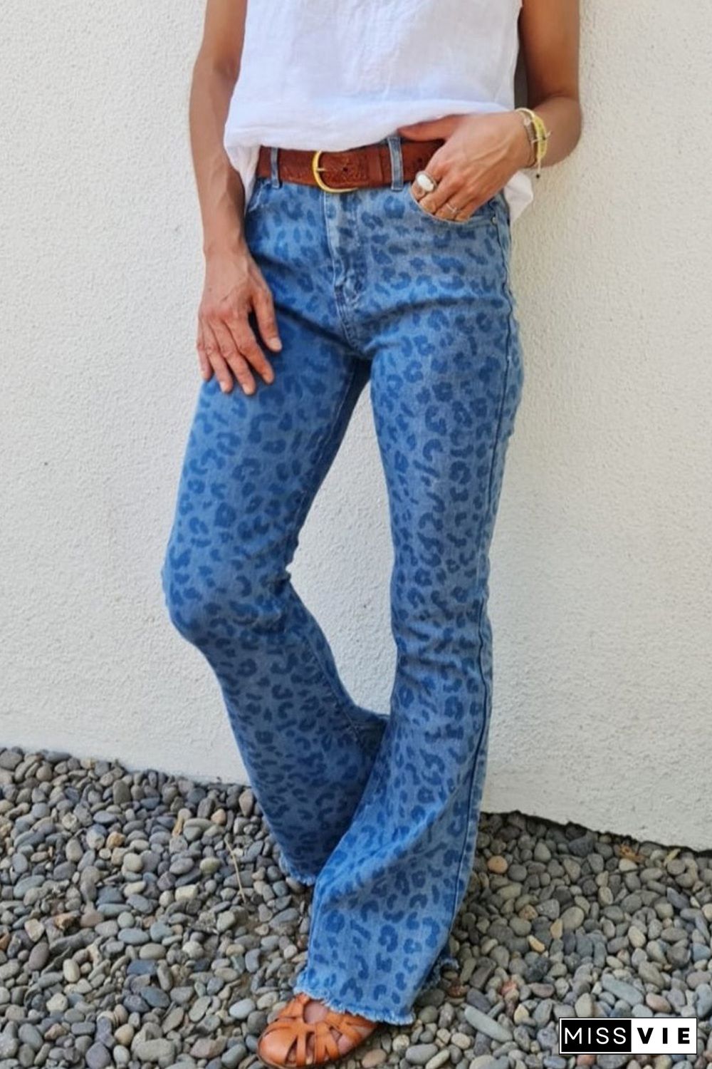 Sky Blue Leopard Print Raw Hem High Waist Flare Jeans