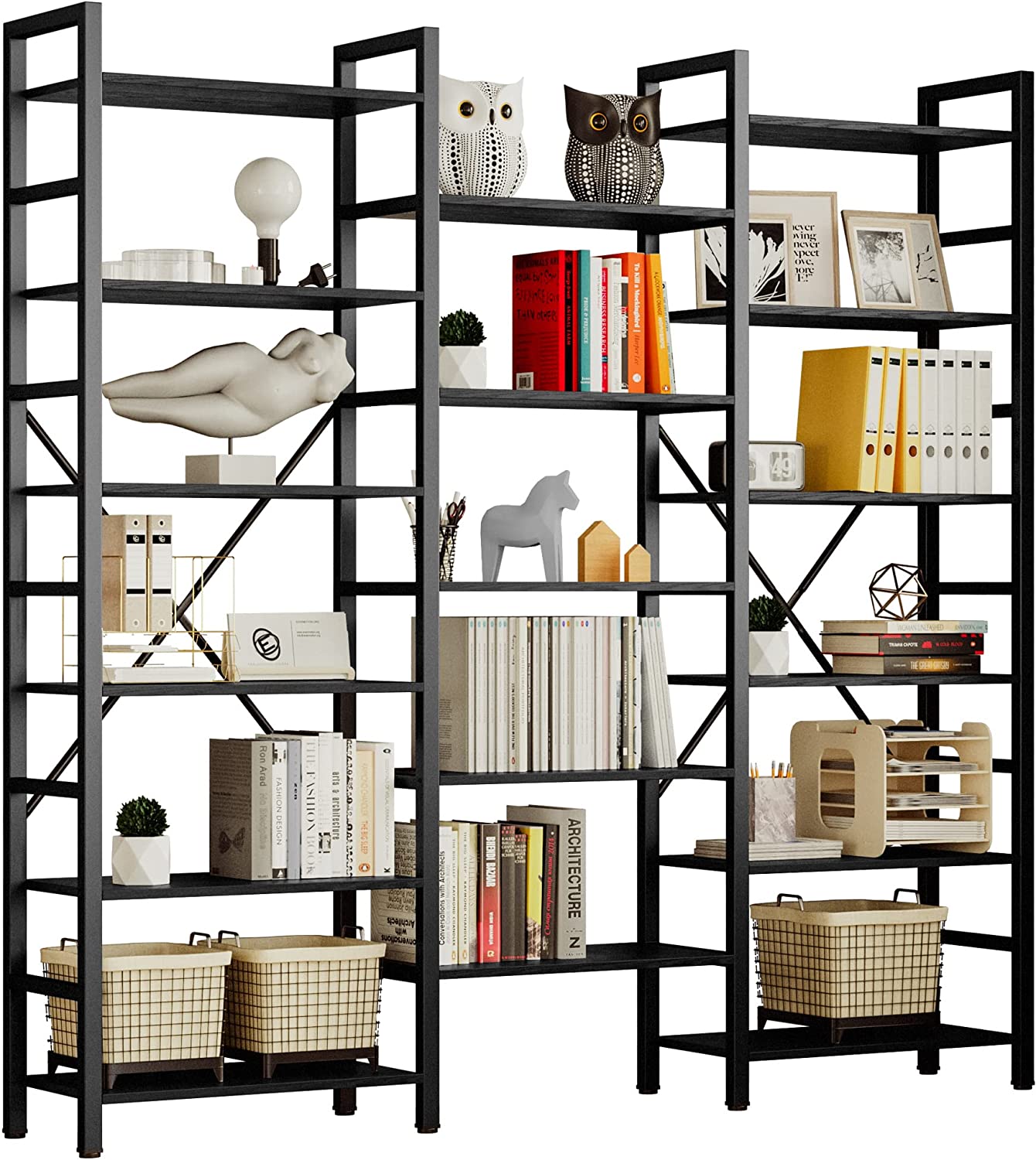 Triple Wide 6 Tiers Industrial Bookshelf, Large Etagere Bookcases and Bookshelves Open Display Shelves with Metal Frame