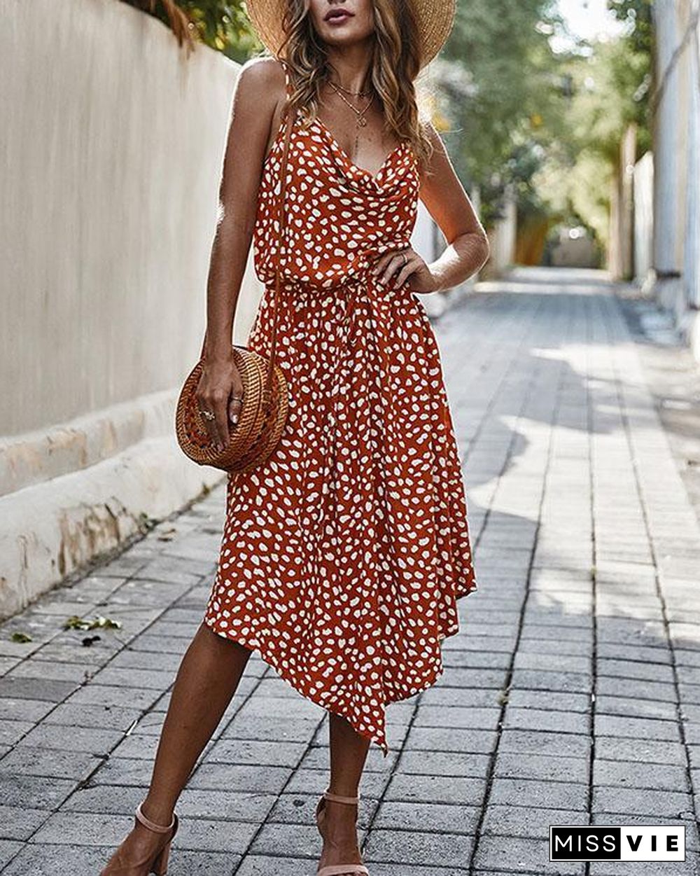 Dot Print Irregular Sleeveless Lace-up Holiday Midi Dresses