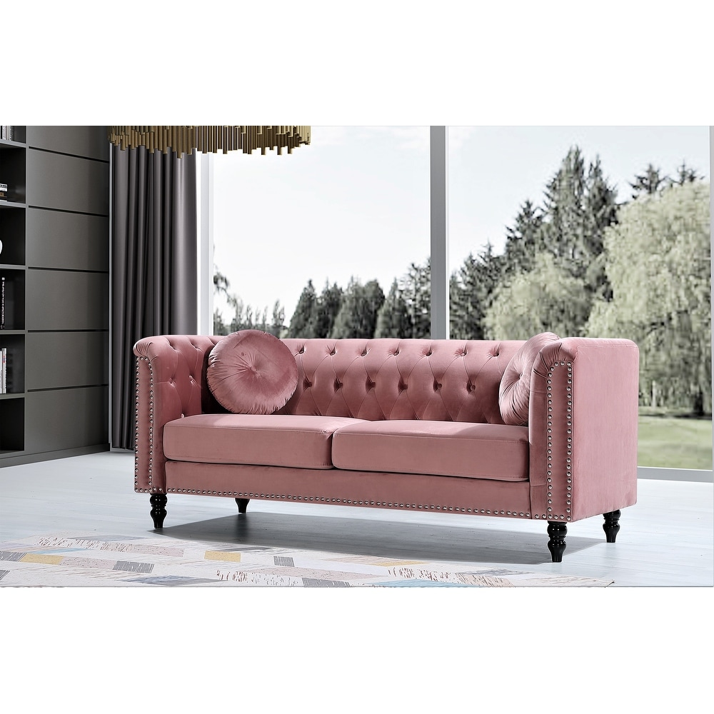 Calvin Classic Velvet Kittleson Nailhead Chesterfield 2 Piece Set Loveseat and Sofa