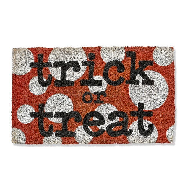 Trick Or Treat Sentiment With White Polka Dots Rectangle Indoor And Outdoor Coir Door Welcome Mat Orange