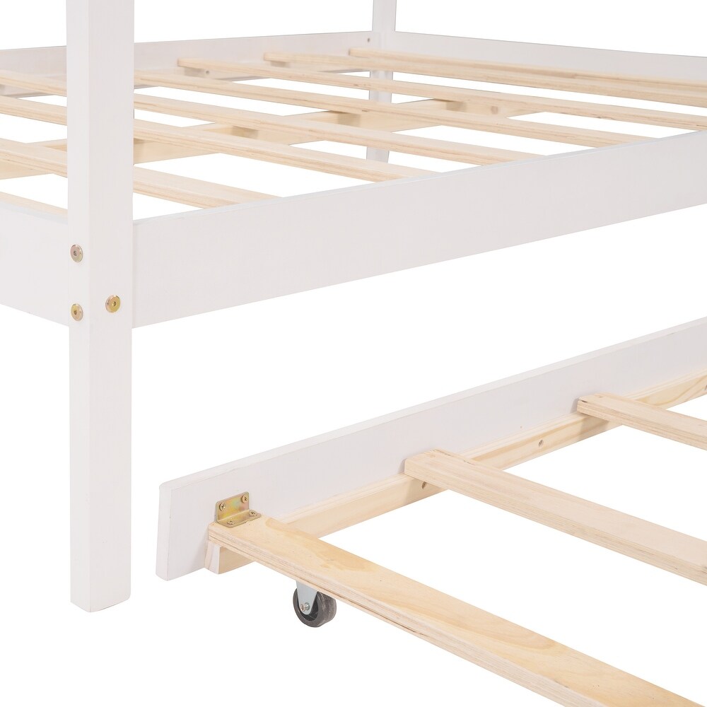 Full Size Wooden House Bed Simple Daybed Frame with Twin Size Trundle Suitable for DIY Decor Ribbons or Lanterns on Eaves