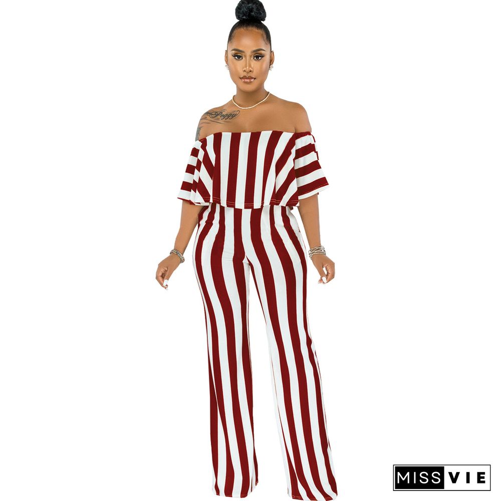 Striped Off Shoulder Wide Leg Jumpsuits