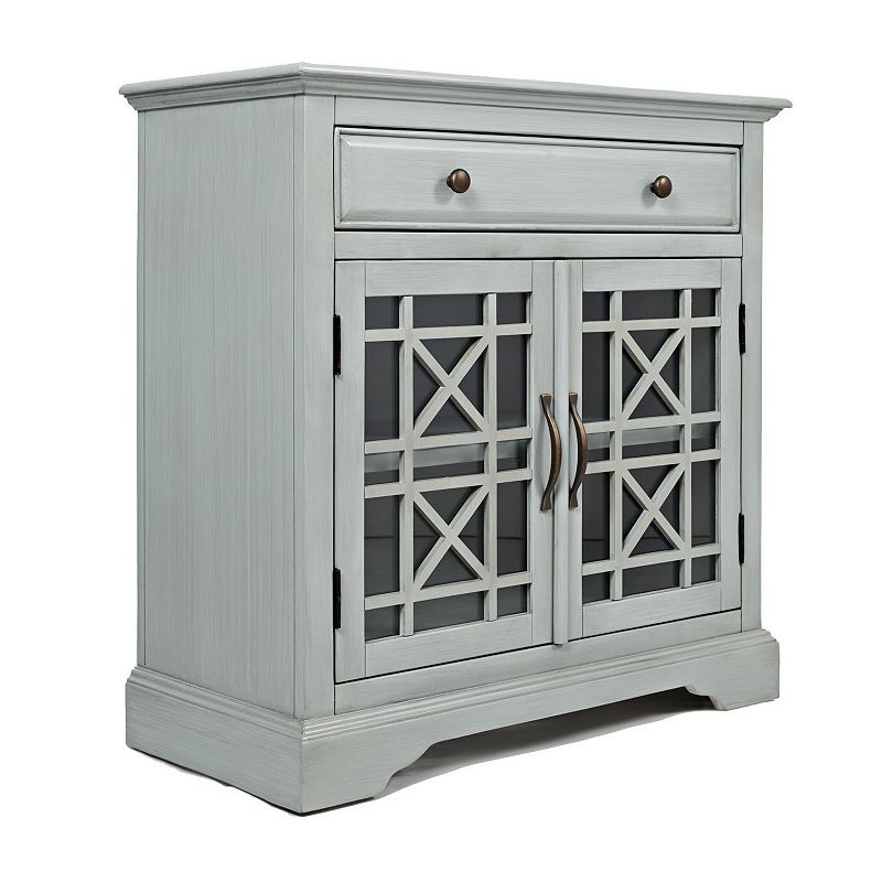 Craftsman Series 32 Inch Wooden Accent Cabinet with Fretwork Glass Front， Earl Gray