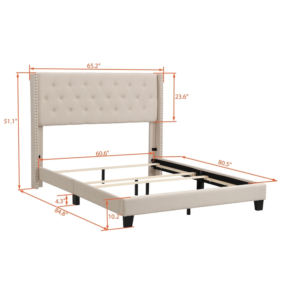 Elegant Design Queen Size Upholstered Platform Bed with Classic Linen Fabric Button Tufted Headboard  Box Spring Needed