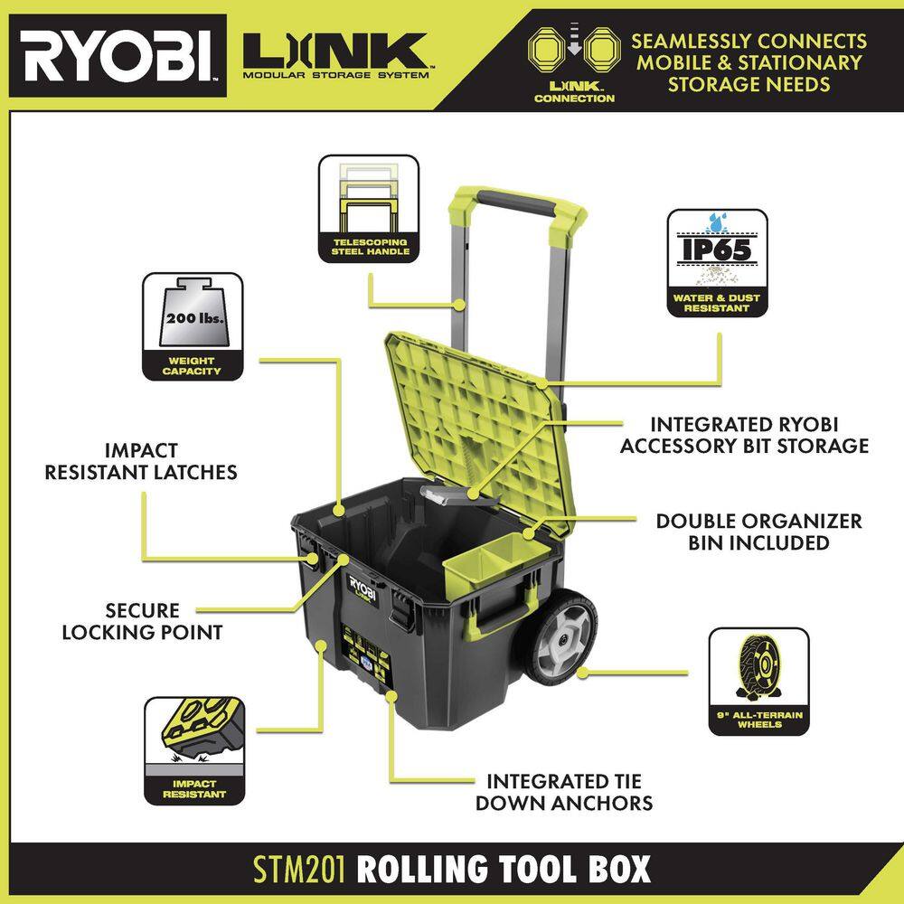 RYOBI ONE+ 18V Cordless 6-Tool Combo Kit with 1.5 Ah Battery 4.0 Ah Battery Charger and LINK Rolling Tool Box PCL1600K2-STM201