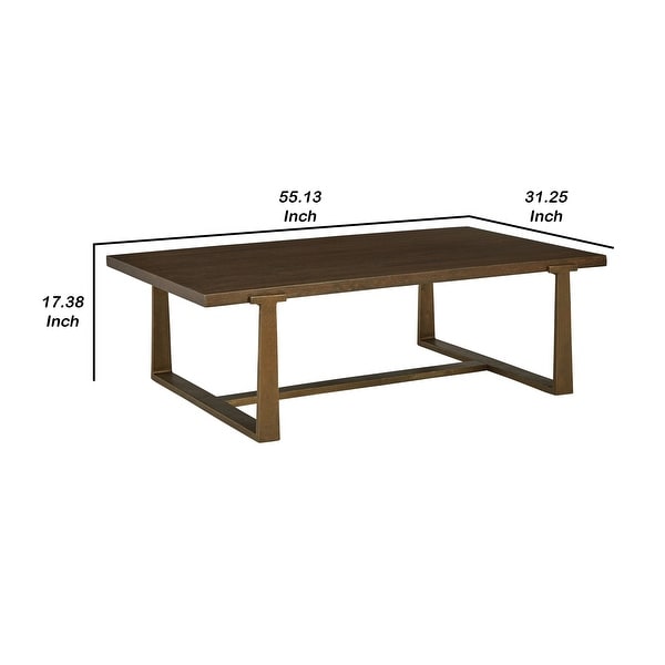 Vil 55 Inch Rectangular Coffee Table， Aluminum Base， Wood Grains， Brown