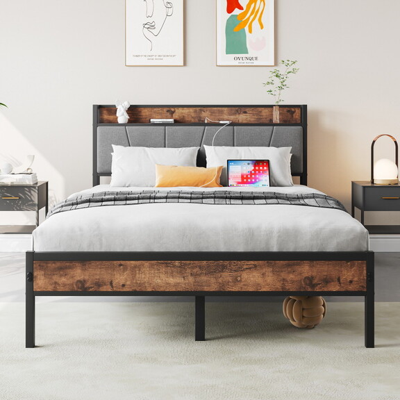 Full Size Bed Frame  Storage Headboard with Chargi...