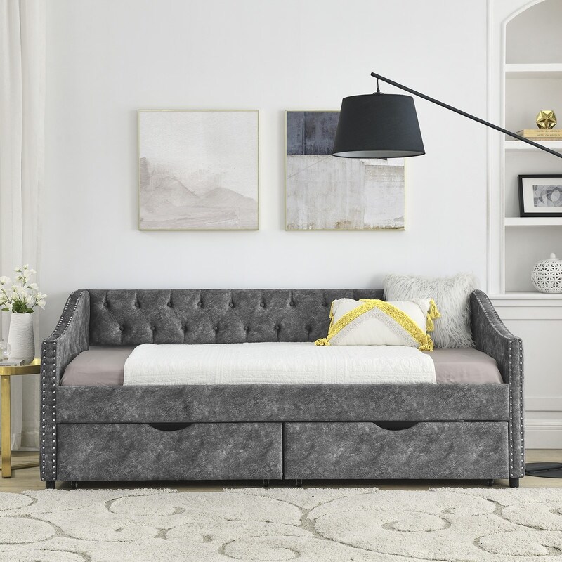 Twin Size Upholstered Tufted Sofa Bed Daybed with 2 Drawers