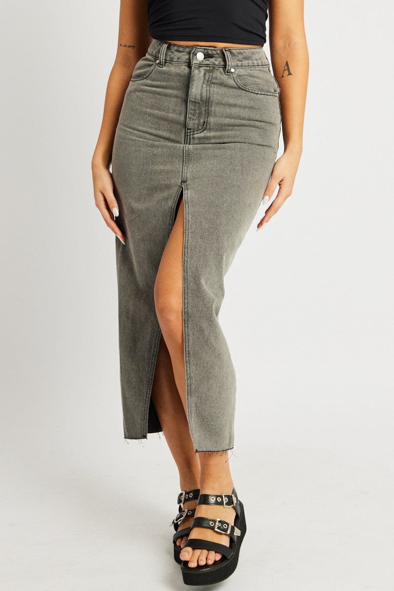 Grey Maxi Skirt High Rise Front Split