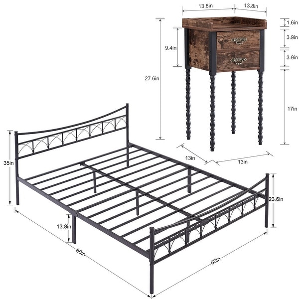 Taomika 3-pieces Bedroom Set，Black Platform Bed and Retro 2-Drawers Nightstands Set of 2 - - 36146936