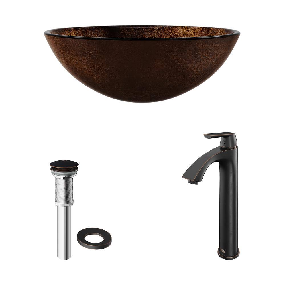 VIGO Glass Round Vessel Bathroom Sink in Russet Brown with Linus Faucet and Pop-Up Drain in Antique Rubbed Bronze VGT504