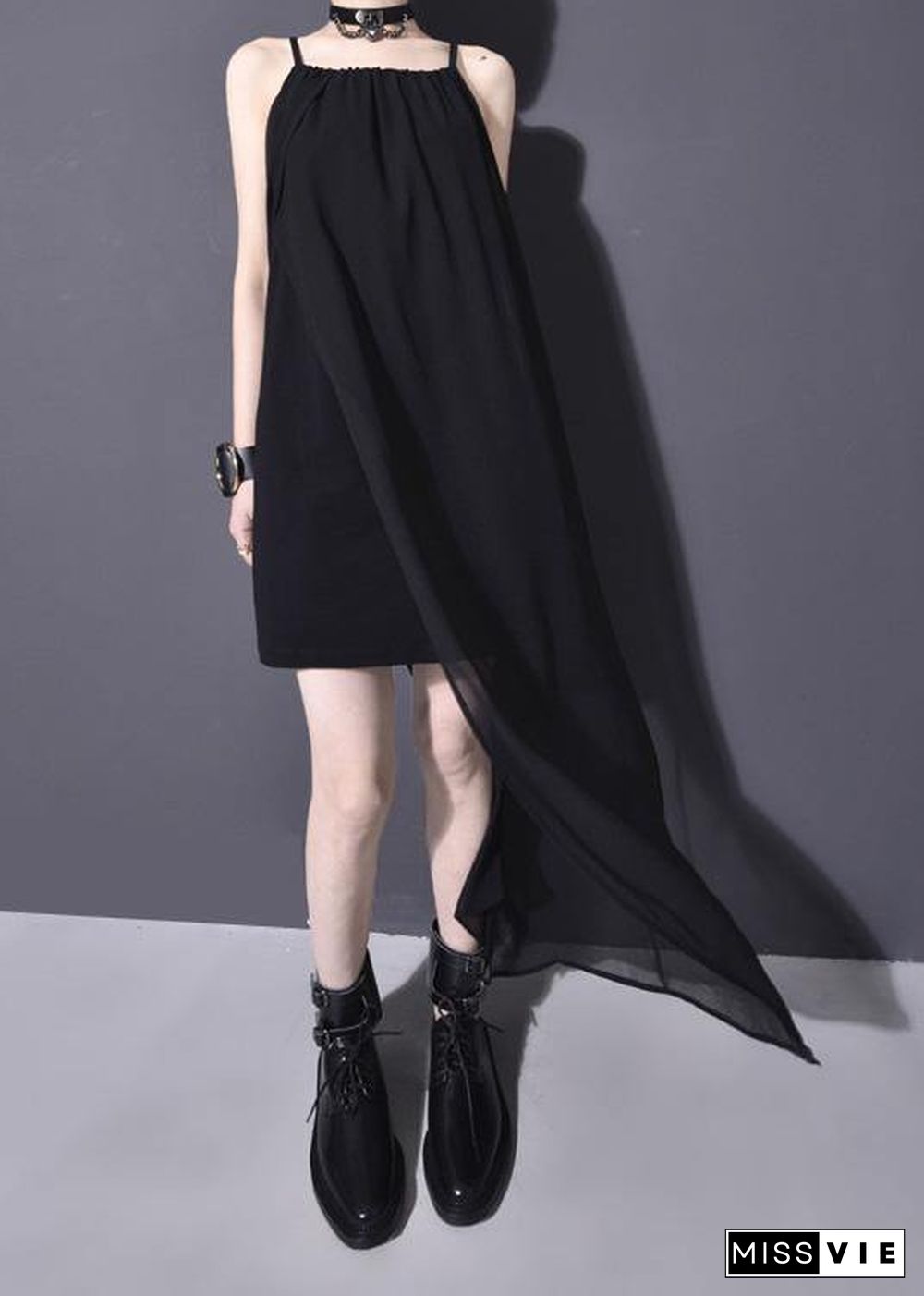 Women black chiffonTunic side open Dresses summer sleeveless Dresses