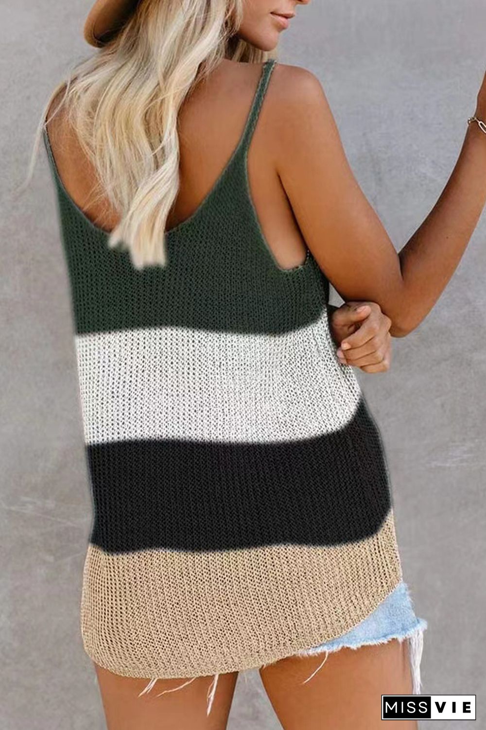 Color Block and Plain U Neck Knit Tank Top