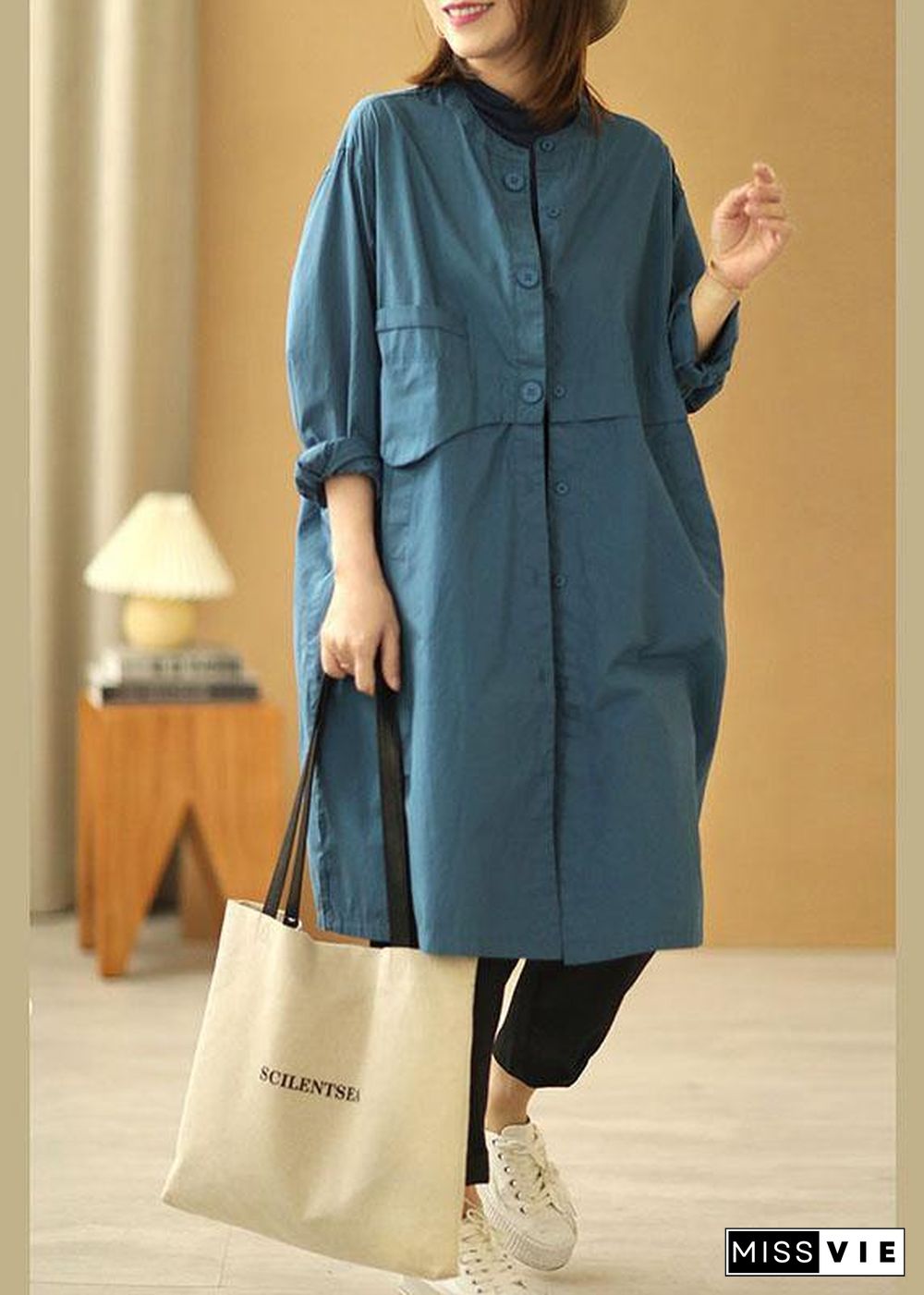 Chic Blue Stand Collar Button Pockets Fall Cotton Coats Long sleeve