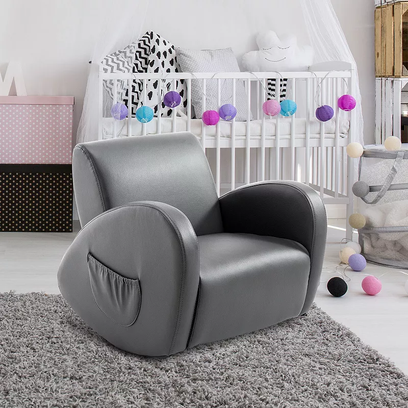 Qaba Kids Sofa Rocking Chair with Side Pocket PU Leather Toddler Armchair for Children Grey