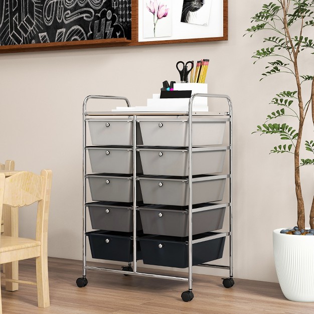 Tangkula 10 drawer Rolling Storage Cart Tools Scrapbook Paper Organizer On Wheels Black Gradient