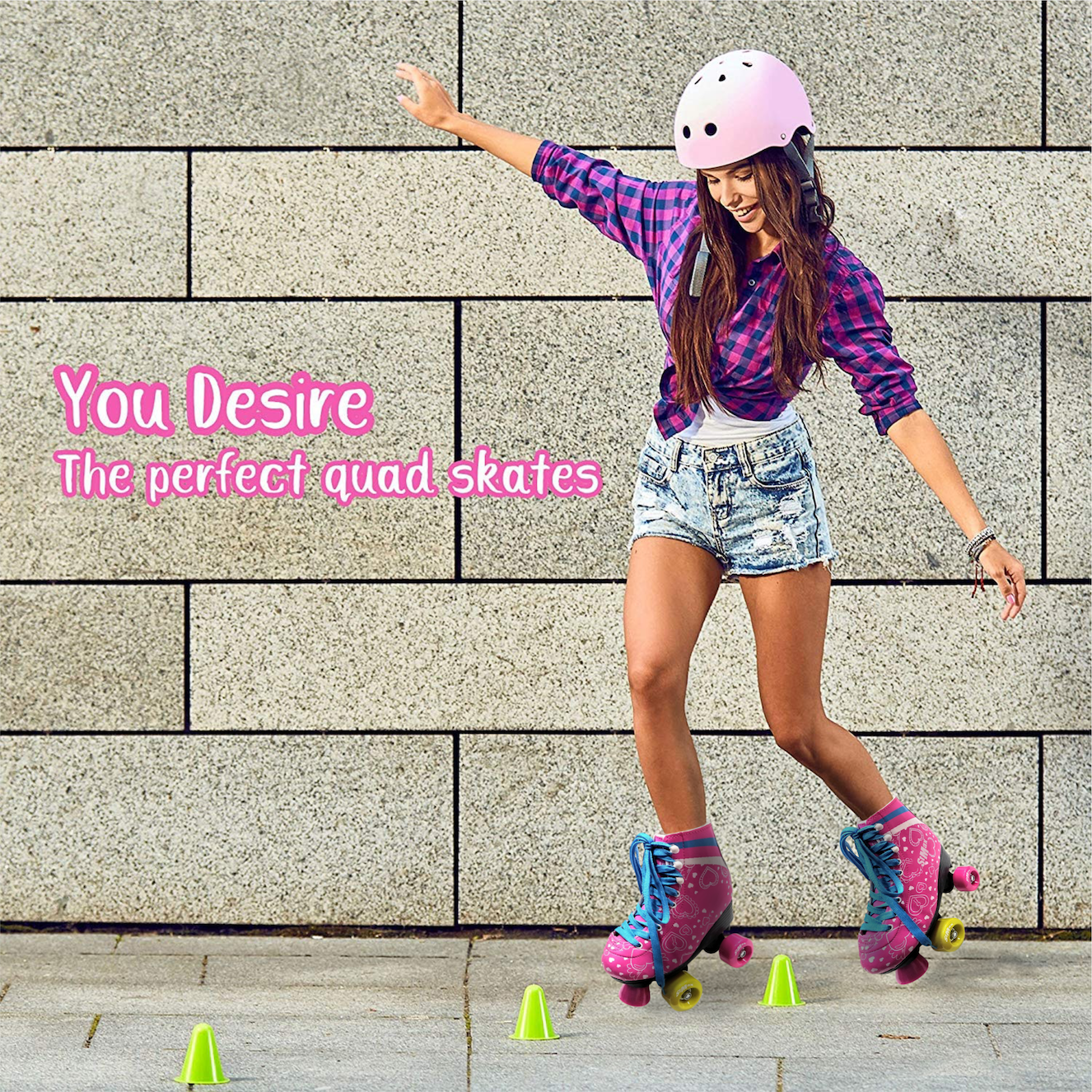 Quad Roller Skates for Girls and Women size 6.5 Youth Pink and Blue Heart Outdoor Indoor and Rink Skating Classic Hightop Fashionable Design