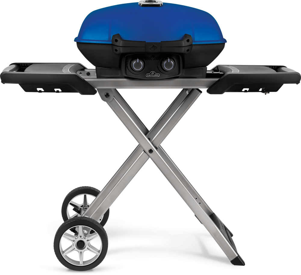 TravelQ™ 285X Portable Propane Gas Grill with Scissor Cart， Blue ;