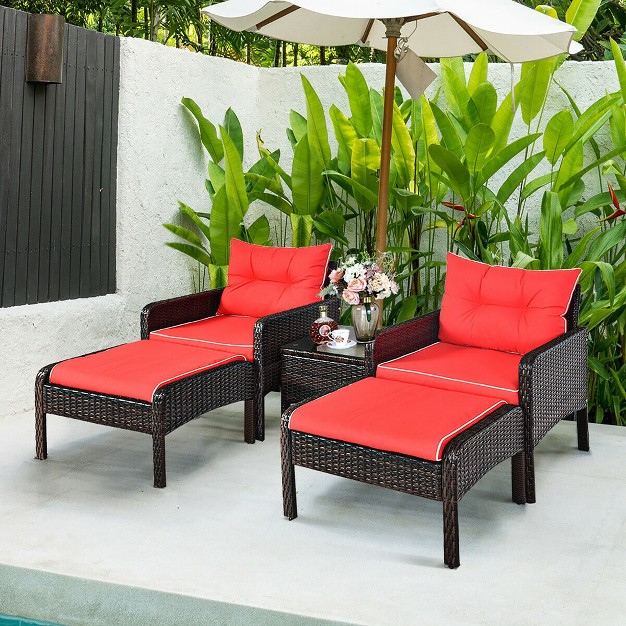 Costway 5 Pcs Patio Rattan Furniture Set Sofa Ottoman Table W cushion Garden Red