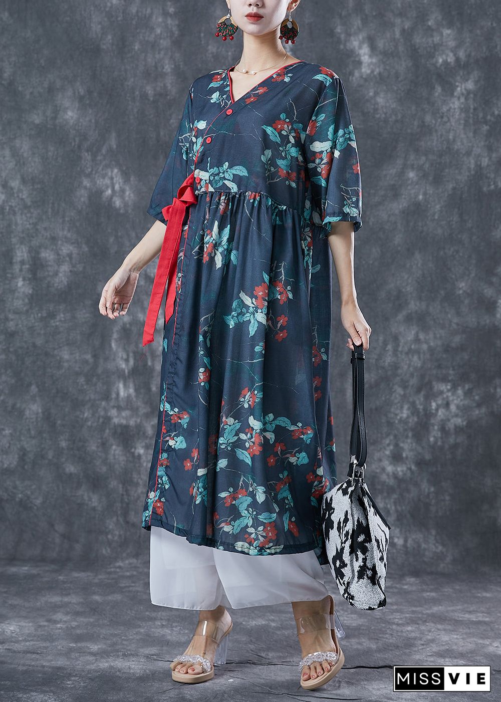 Casual Navy Oversized Print Lace Up Linen Dresses Summer