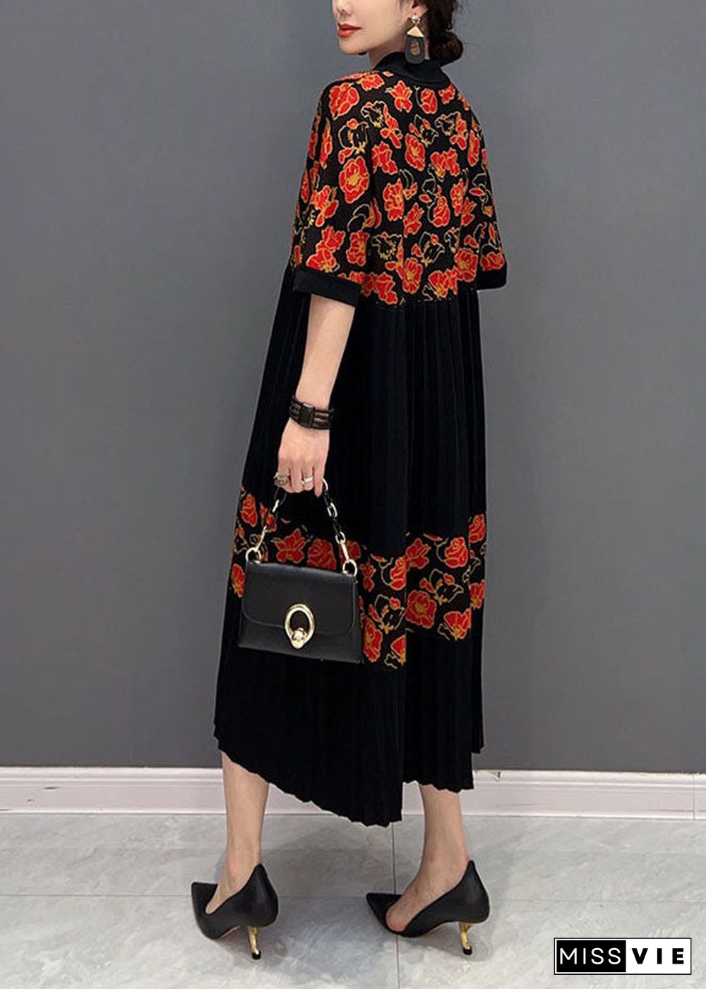 Red Patchwork Knit Pleated Dresses Turn-down Collar Print Summer