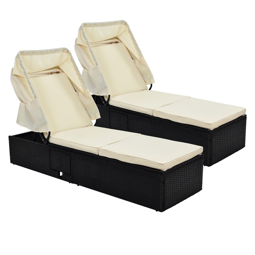 Leisure Zone Reclining Single Chaise Lounge with Canopy and Cup Table(Set of 2)