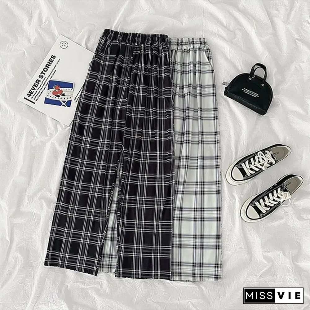 Vintage Harajuku Plaid Wide Leg Pants Summer Women High Waist Elastic Streetwear Pants Korean Loose Lady Straight Trousers