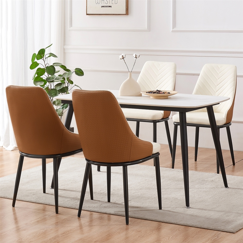 Modern Faux Leather Dining Chairs with Woven Leather Back  Set of 2