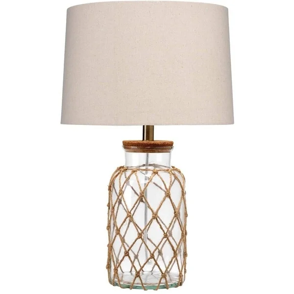 Glass Table Lamp with Jute Wrapped Design， Clear and Brown