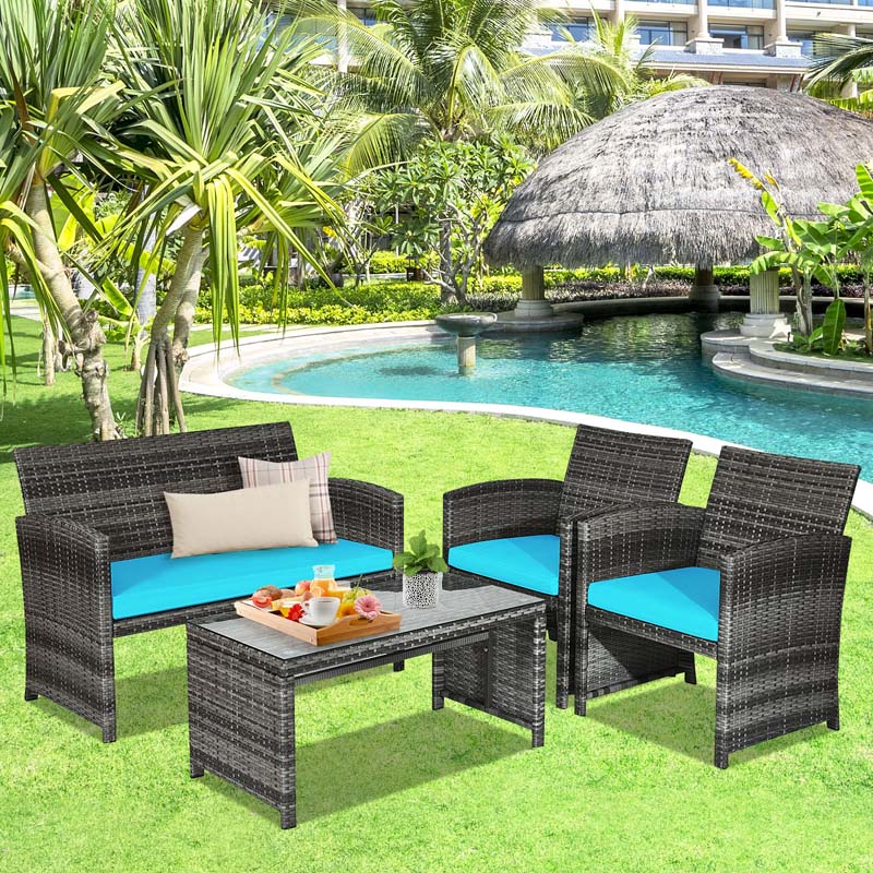 4 Pcs Rattan Wicker Patio Furniture Sets, Outdoor Conversation Sets with Loveseat, Table, Single Sofas