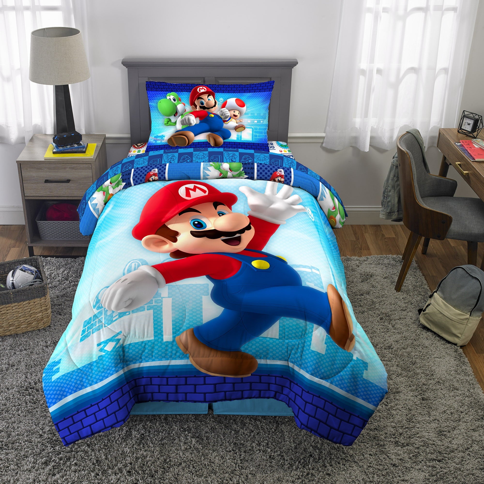 Super Mario Kids Twin Bed in a Bag, Gaming Bedding, Comforter and Sheets, Blue, 