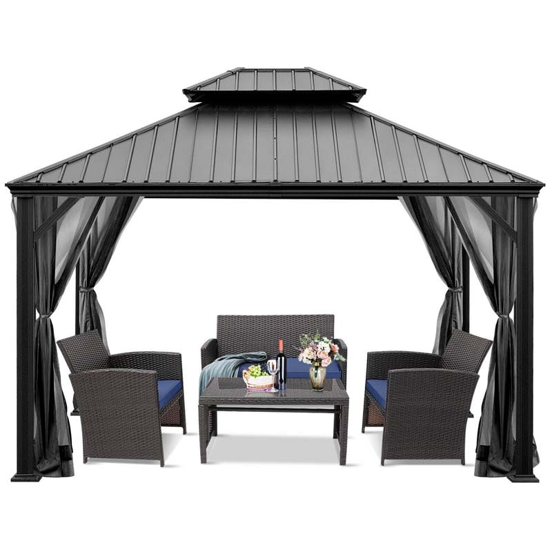 12 x 10 FT Hardtop Gazebo with Netting & Central Hook, 2-Tier Outdoor Patio Metal Gazebo Canopy Tent