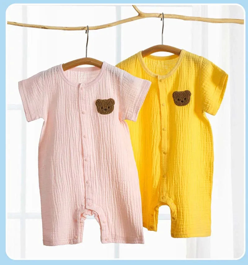 Baby Romper Muslin Short Sleeves Jumpsuit for Girls Boys Cute Bear One-Pieces Clothing Newborn Summer Thin Bodysuits