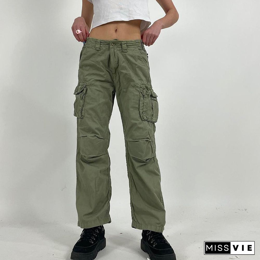 Army Green Cargo Denim Pants Pockets Vintage Chic Straight Jeans Harajuku Low Waisted Aesthetic Fashion Capris 2000s