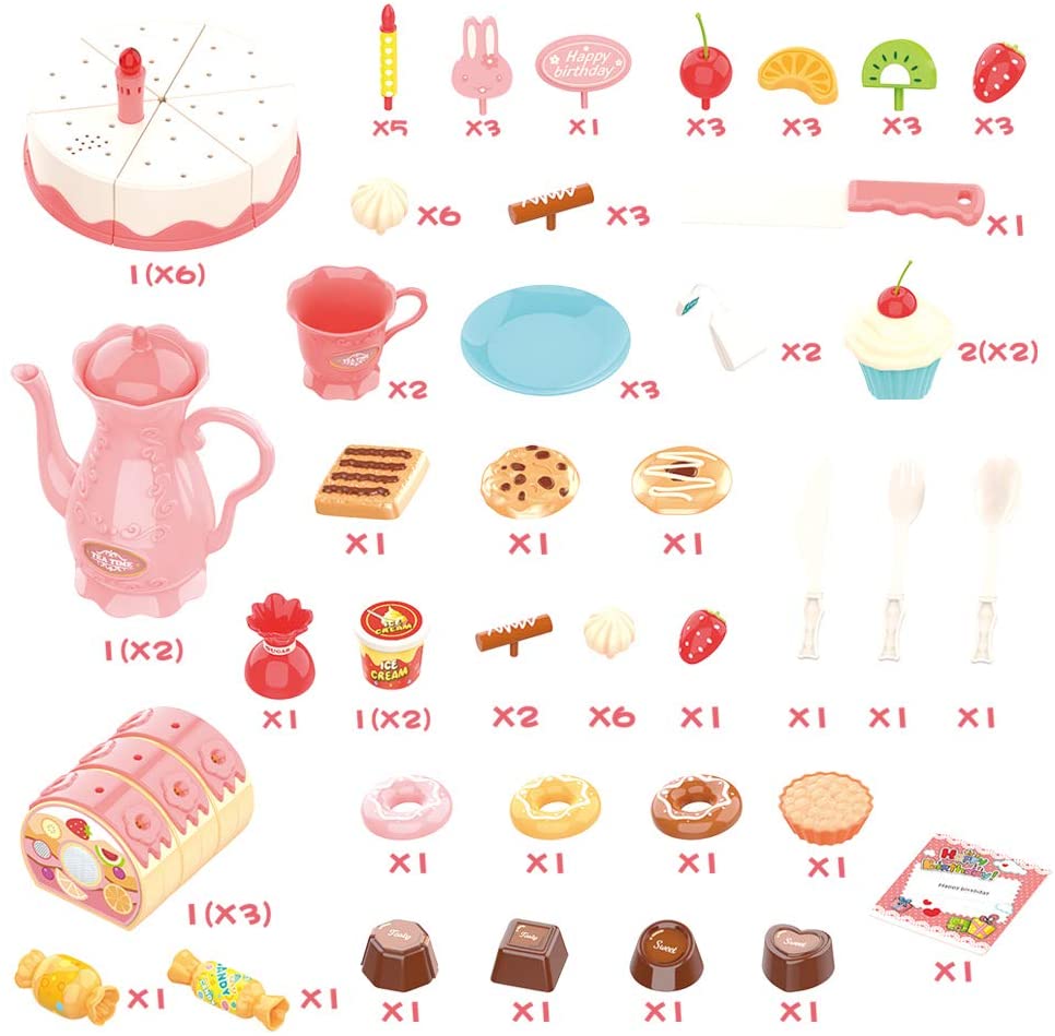 Mundo Toys Cutting DIY Pretend Play Birthday Cake Dessert Food Set Toy Multicolor with Candles， 82 Pieces