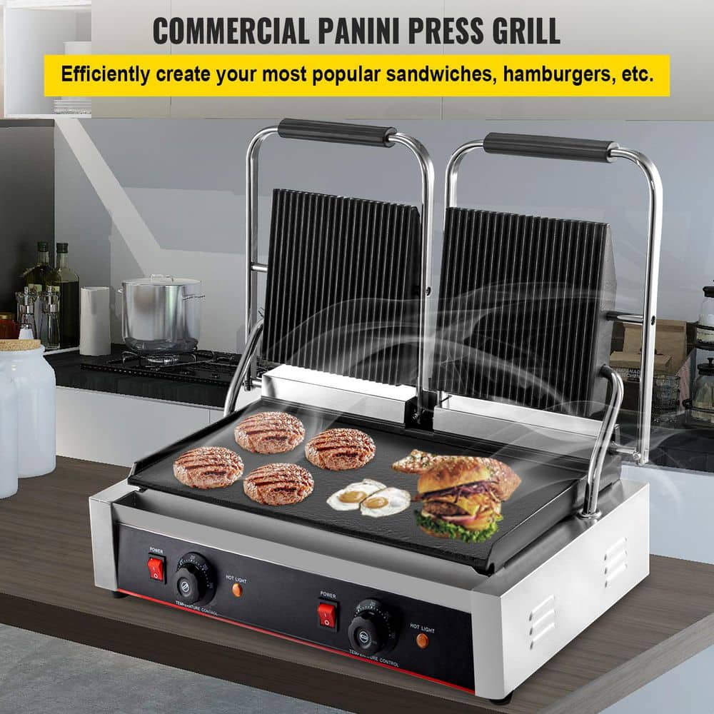 VEVOR Commercial Sandwich Panini Press Grill 2X1800W Temperature Control Non Stick Surface Commercial Panini Grill, Silver DPLDYBPLLD-813A01V1