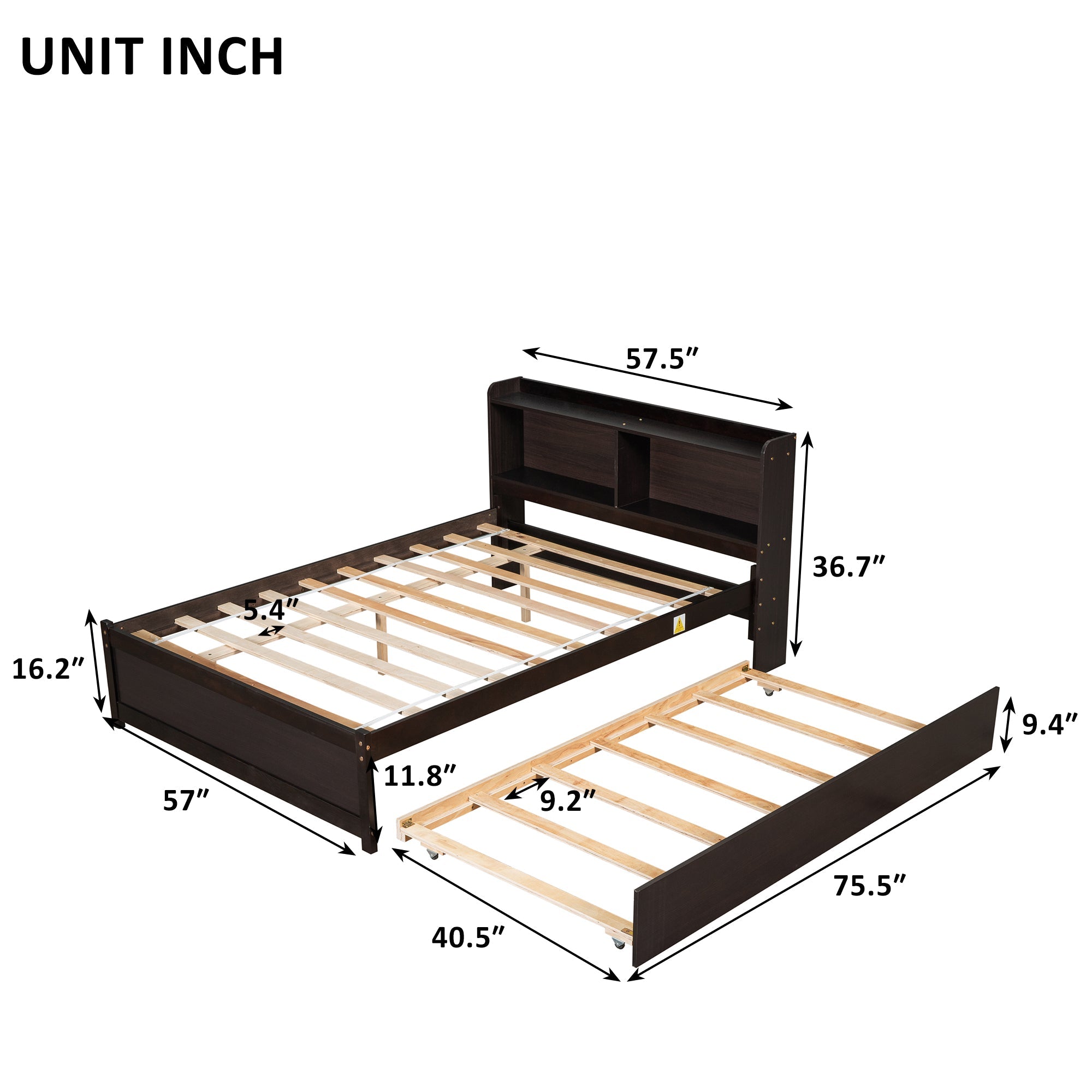 Full Bed Frame with Trundle Included, BTMWAY Wood Platform Bed with Storage Bookcase and Headboard, No Box Spring Needed, Full Size Bed Frame for Kids Boys Girls Teens, 85''x57.5''x36.7'', Espresso