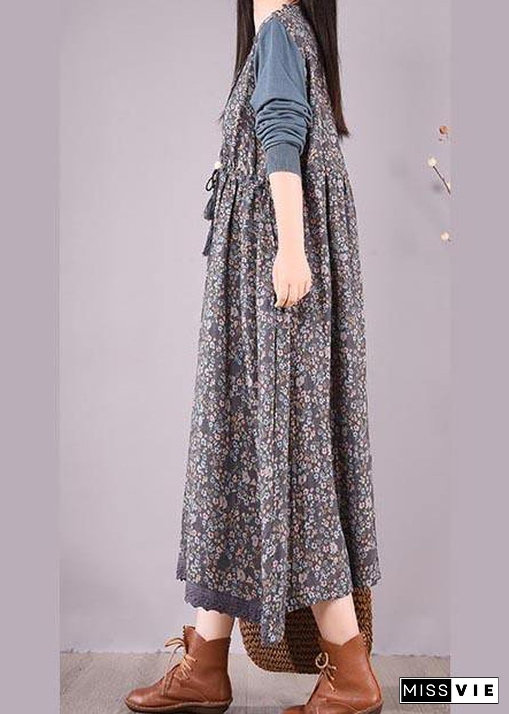 Beautiful Blue Patchwork Print Dresses O Neck Lace Robe Spring Dresses