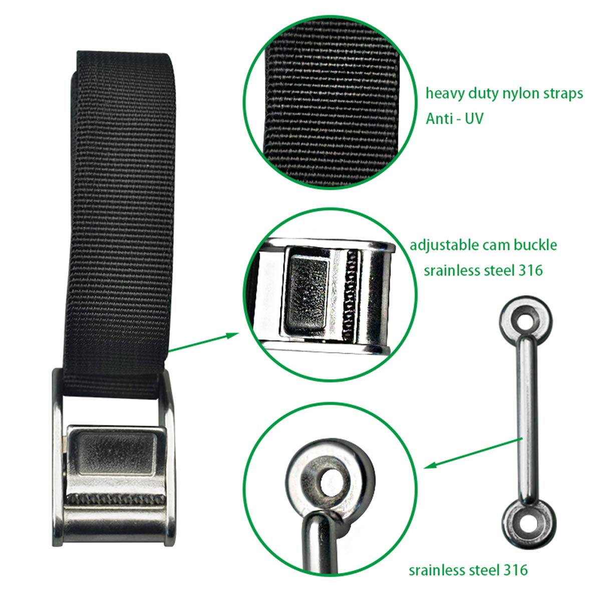 UCEDER 56" Battery Tie Down Strap Kit Battery Hold Down Strap with Stainless Steel 316 Buckle, 2 Stainless Steel 316 Eye Strap Mounts, 4 SS Screws