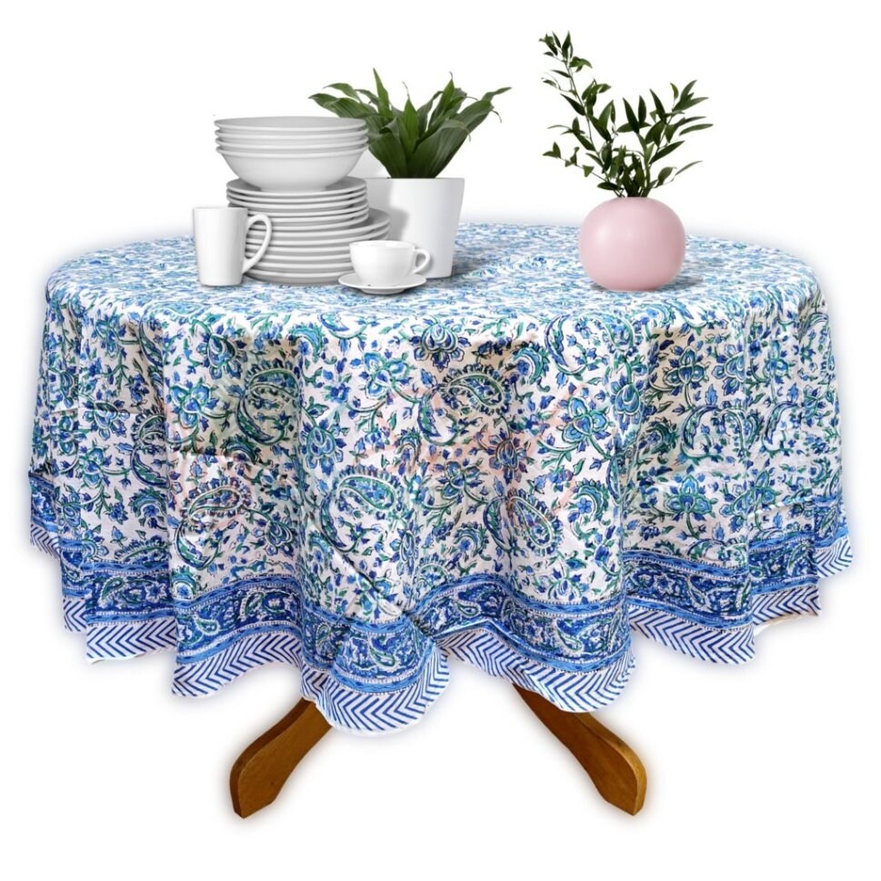 Block Print Tablecloth Round  Floral Paisley Love White   Paisley Love  Blue Green