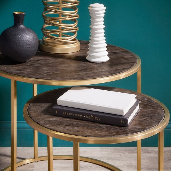 Subira Antique Gold Finished Metal and Reclaimed Wood Round Nesting End Table Set by iNSPIRE Q Bold